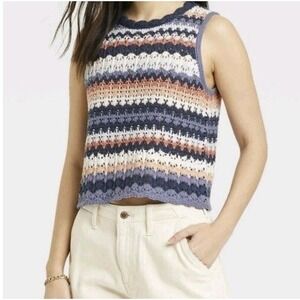 Universal Thread Womens Crochet Knit Tank Top Blue Openwork Coastal Boho Medium